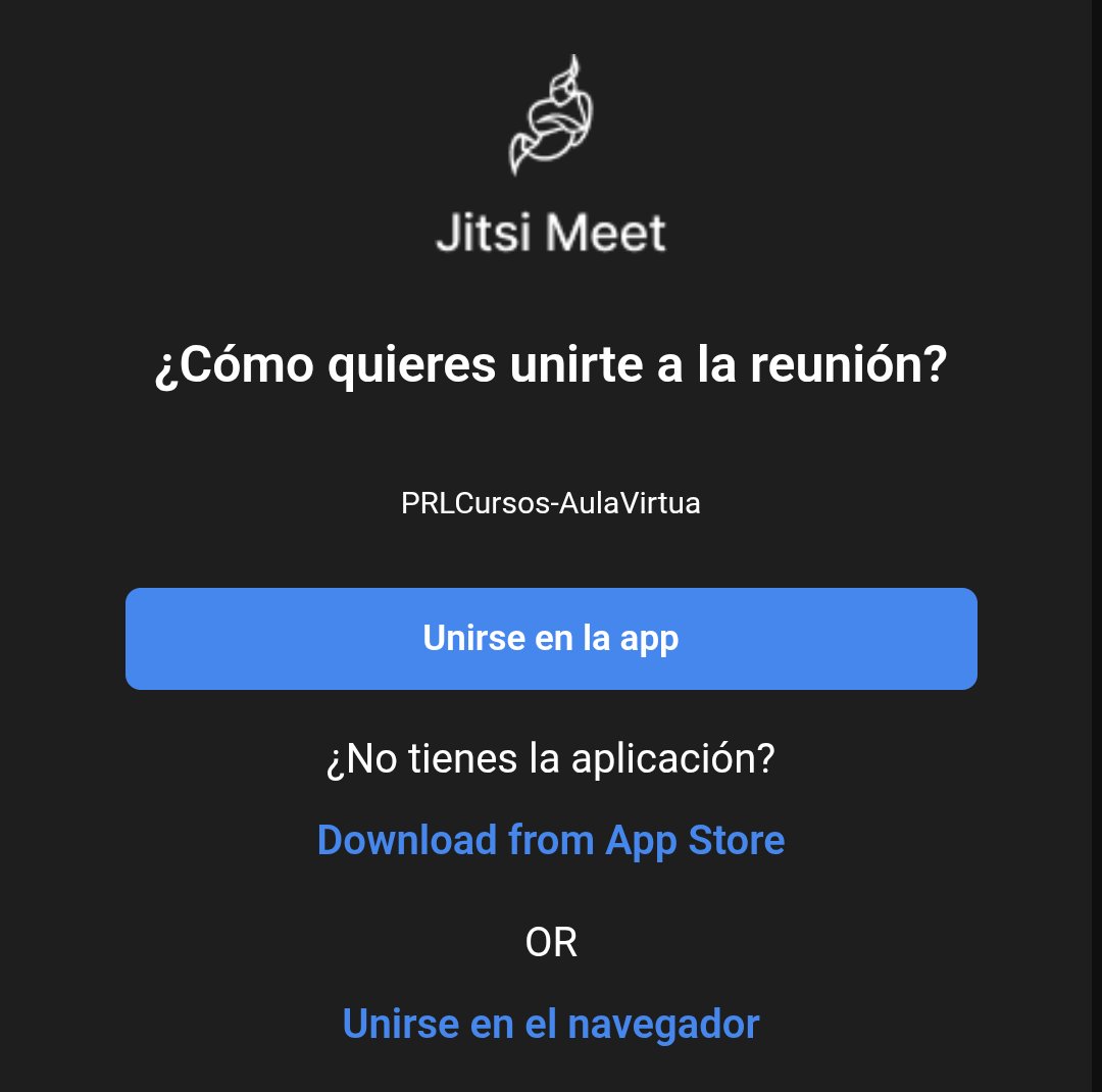 Pantalla de Jitsi Meet en el móvil preguntando si unirse en la app o en el navegador
