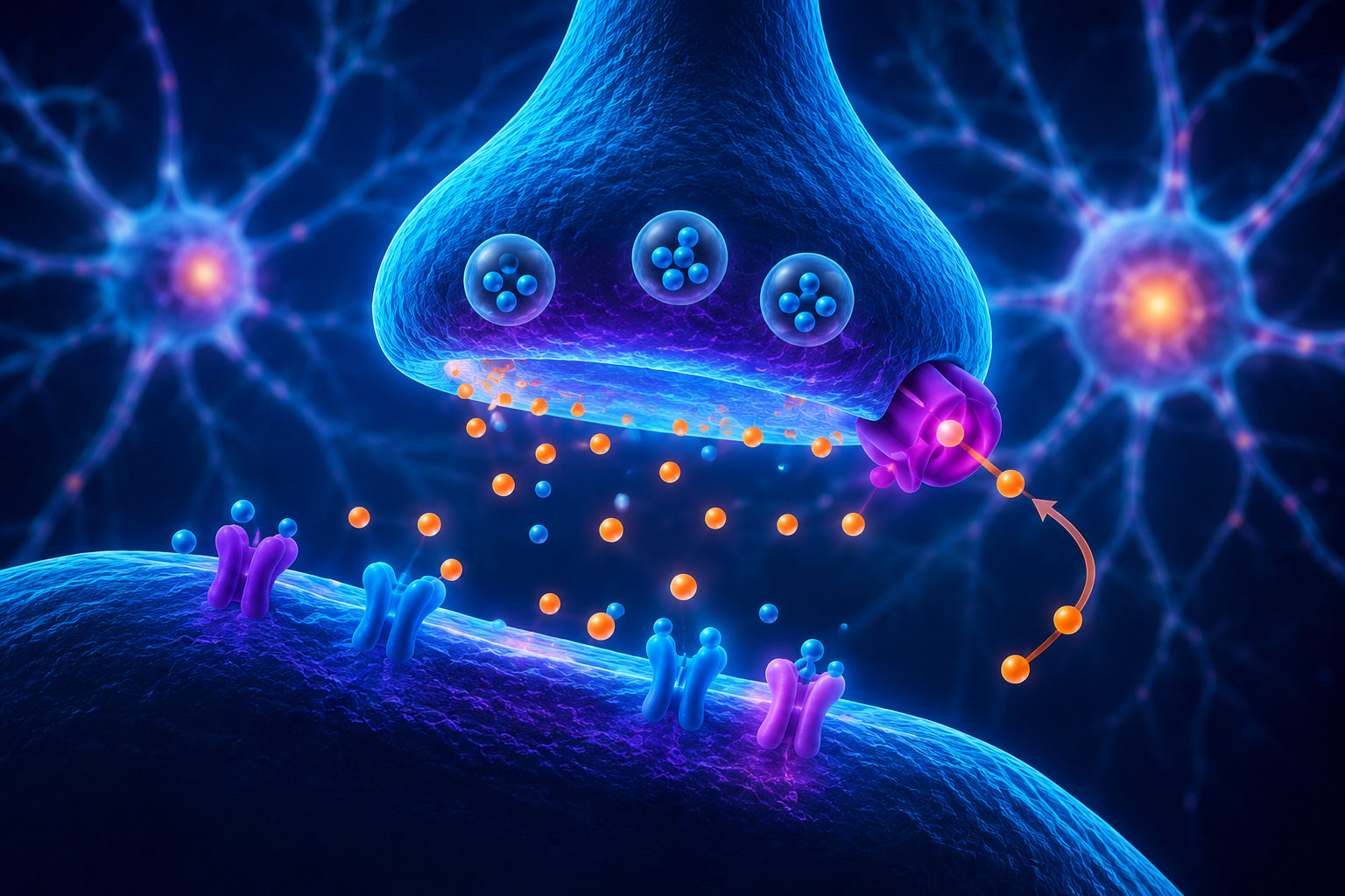 Representación visual de la sinapsis neuronal y la recaptación de neurotransmisores